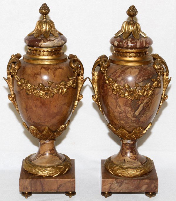 FRENCH MARBLE & BRONZE CASOLETTES, 19TH C. 18"H: FRENCH MARBLE & BRONZE CASOLETTES, 19TH C., H 18'', PAIR, L 7'':Rouge/brown, acorn finials. From a stately Grosse Pointe, Mich. Home.