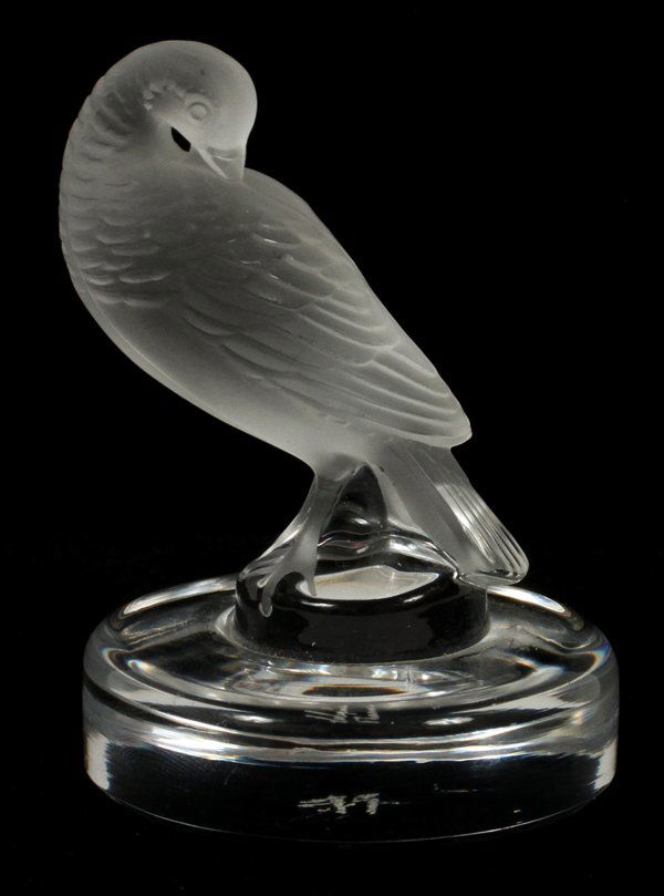 LALIQUE CRYSTAL BIRD FIGURAL RING DISH, H 3"