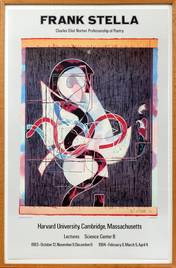 FRANK STELLA POSTER, #46/100, 1983, 36" X 24": FRANK STELLA (1936-), POSTER, #46/100, 1983, 36" X 24":Charles Eliot Norton Professorship of Poetry, Harvard University. Pencil signed by Stella and dated 1983. #46/100. Tyler Graphics.
