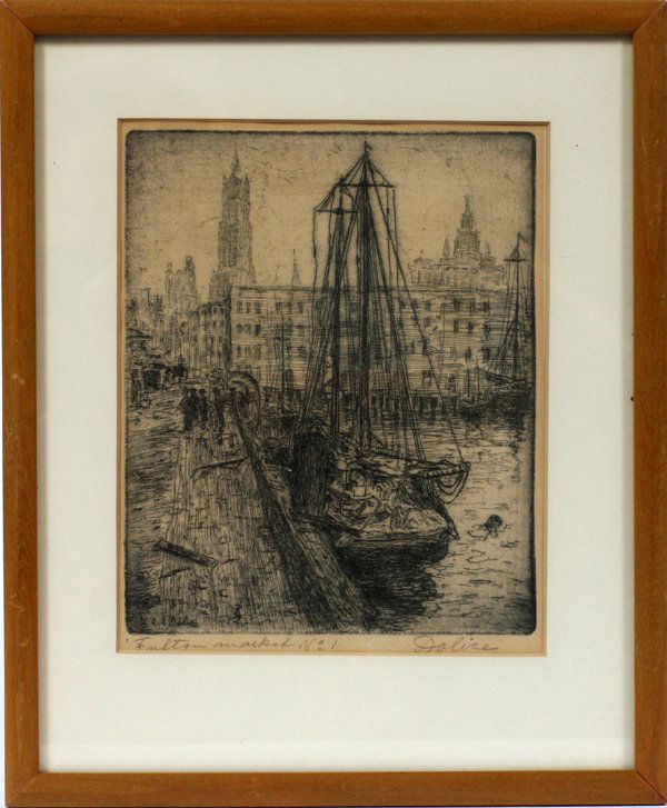 LEON DOLICE, ETCHING 7" X 6" FULTON MARKET NO 1: LEON DOLICE, ETCHING 7" X 6" FULTON MARKET NO 1:Leon Dolice, born 1892 - 1960. New York's harbor, fishing boats and docks are the subjects of many of his prints. Pencil signed. Image is 7 1/3" x 6". F