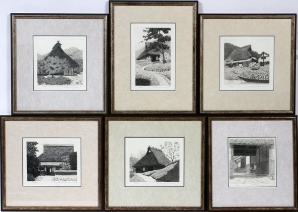 RYOHEI TANAKA JAPANESE ETCHINGS, VILLAGE SCENES: RYOHEI TANAKA (JAPANESE B. 1933), ETCHINGS, 6, 1986-1993, 6 1/2" X 8" - 9 1/2" X 6", VILLAGE SCENES:Each pencil signed; numbered from editions of 150 or artist proofs; framed. Provenance: Kabutoya Gal