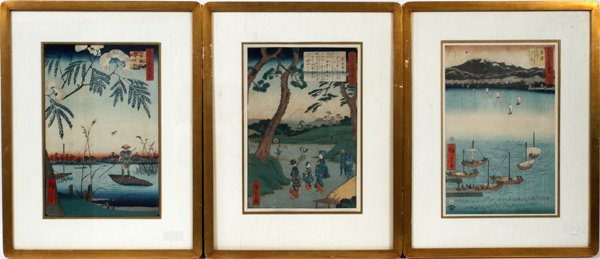 ANDO HIROSHIGE, UKIYO-E COLOR WOODBLOCK PRINTS: ANDO HIROSHIGE, UKIYO-E COLOR WOODBLOCK PRINTS, 3, 13" X 8 1/2" SIGHT, LANDSCAPE & WATER SCENES:Block signed; date of printing unknown; each framed.