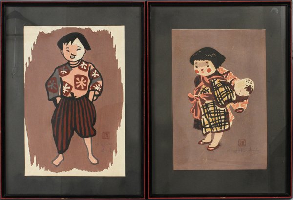 KIYOSHI SAITO JAPANESECOLOR WOODCUT SMILING BOY: KIYOSHI SAITO, JAPANESE 1907 - 92 COLOR WOODCUT 15" X 10" SMILING BOY:Pencil signed, also red seal. Boy image is in good condition. Also girl by Saito which has a tear to paper at lower edge. Girl is