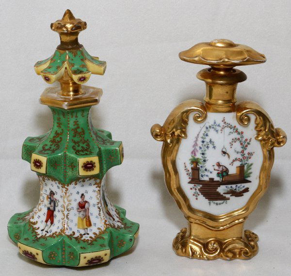 CONTINENTAL PORCELAIN SCENT BOTTLES, 2 PIECES: CONTINENTAL PORCELAIN SCENT BOTTLES, 2 PIECES, H RANGE 6 3/4''-8'': From a stately Grosse Pointe, Mich. Home.