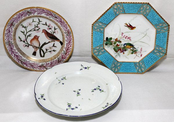 PORCELAIN PLATES, 3, DIA RANGE 8 1/4"-9 1/2": PORCELAIN PLATES, 3, DIA RANGE 8 1/4''-9 1/2'':Two are hand painted with bird motif. One is marked "Mary Tippet." From a stately Grosse Pointe, Mich. Home.