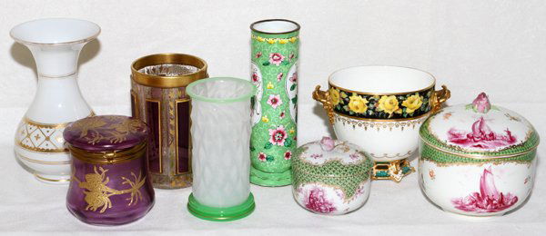 PORCELAIN GLASS ENAMEL VASES COVERED BOXES BOWL: MISCELLANEOUS PORCELAIN, GLASS & ENAMEL VASES, COVERED BOXES & BOWL, 8 PIECES TOTAL: From a stately Grosse Pointe, Mich. Home.