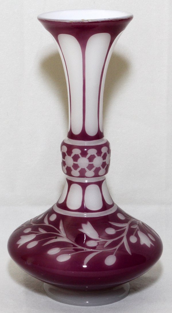 FRENCH OPALINE 19TH CENTURY VASE, H 10": FRENCH OPALINE 19TH CENTURY VASE, H 10'', DIA 5 1/4'':Lavender to clam broth floral designs with paneled trumpet form vase. From a stately Grosse Pointe, Mich. Home.
