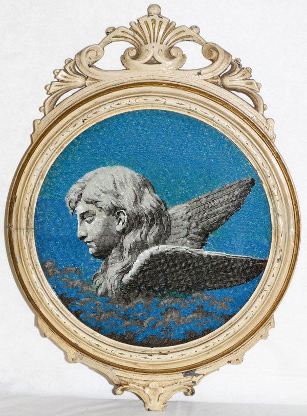 VICTORIAN ERA FRAMED BEAD WORK, H 25", W 19": VICTORIAN ERA FRAMED BEAD WORK, H 25'', W 19'':Depicting angel figure in blue background. Carved wood antique painted frame. From a stately Grosse Pointe, Mich. Home.