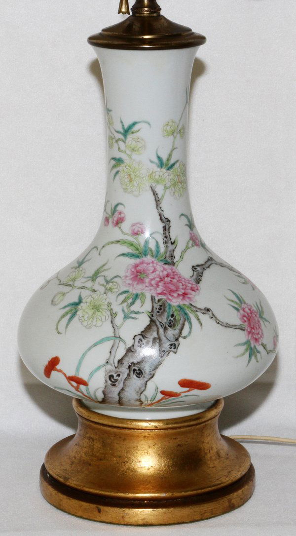 CHINESE PORCELAIN VASE CONVERTED TO LAMP, 24" H: CHINESE PORCELAIN VASE CONVERTED TO LAMP, H OVERALL 24", H PORCELAIN 10", DIA 7'':Porcelain hand painted branch and floral designs. From a stately Grosse Pointe, Mich. Home.