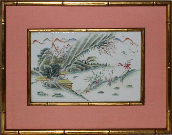 CHINESE PORCELAIN PLAQUE, 19TH CENTURY, ANTIQUE: CHINESE PORCELAIN PLAQUE, 19TH CENTURY, ANTIQUE, H 8 1/2'', W 13 1/4'':Figures in mountain landscape, gilt bamboo frame. From a stately Grosse Pointe, Mich. Home.