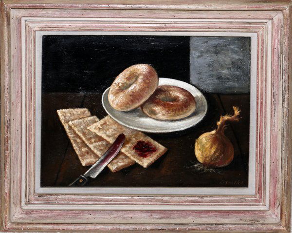 MATTHEW LASINSKI OIL, "STILL LIFE WITH BAGELS": MATTHEW LASINSKI (YALE, MI 20TH C.), OIL ON BOARD, "STILL LIFE WITH BAGELS", 12'' X 16'':Signed lower right; framed; titled on verso. From a stately Grosse Pointe, Mich. Home.