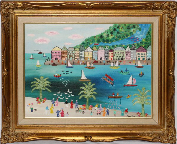 CLAYTON, MODERN PRIMITIVE OIL ON CANVAS: CLAYTON, MODERN PRIMITIVE OIL ON CANVAS, 13'' X 17'':13 1/2'' x 17 1/2''; signed lower right; framed. From a stately Grosse Pointe, Mich. Home.