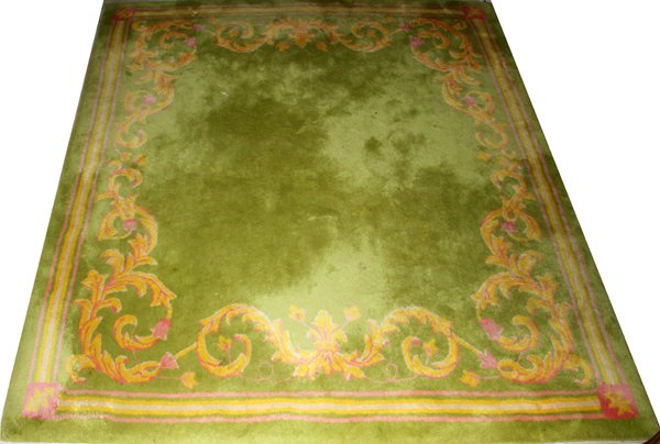 EDWARD FIELDS WOOL CARPET, 77'' X 81'': EDWARD FIELDS WOOL CARPET, 77'' X 81'':Has light green ground, scrolling leaf border, pink and yellow accents. From a stately Grosse Pointe, Mich. Home.