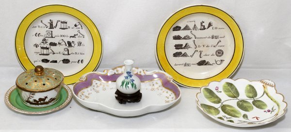 ANTIQUE PORCELAINS, BRITISH AND CONTINENTAL, 7: ANTIQUE PORCELAINS, BRITISH AND CONTINENTAL, 7 PIECES:Includes pair o French plates with yellow borders, incised marks "LL," 3 plates, 2 dishes, 1 vase, 1 potpourri jar. One leaf form plate is "Blind 