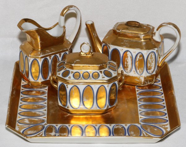 OLD PARIS TRAY, CREAMER, SUGAR & TEAPOT, C 1840: OLD PARIS TRAY, CREAMER, SUGAR, & TEAPOT, 4 PCS. C 1840:Tray 10'' x 10'' From a stately Grosse Pointe, Mich. Home.
