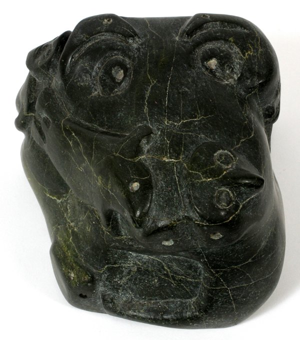 INUIT, CARVED STONE SCULPTURE, MAN AND ANIMAL: INUIT, CARVED STONE SCULPTURE, W H 7'', L 9'', W 8'', MAN AND ANIMAL FIGURES:depicts a male figure and seals on green stone;