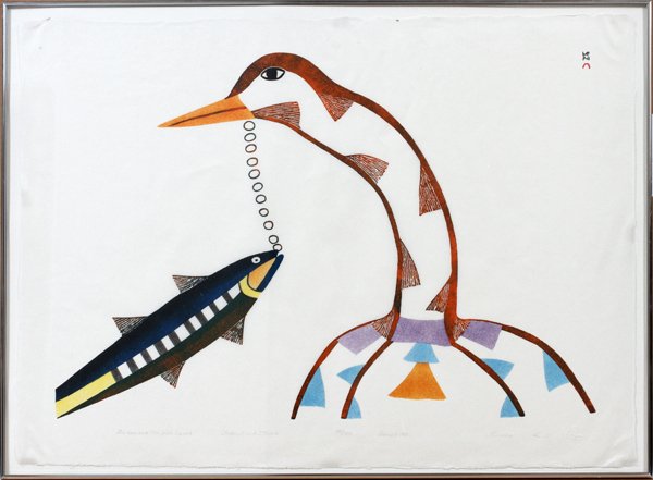 PUDLO PUDLAT, INUIT 1916-1992, STONE CUT STENCIL: PUDLO PUDLAT (INUIT 1916-1992), STONE CUT & STENCIL PRINT, 1981, "THE LOON AND THE FISH SPEAK":Paper size 24 1/2" x 33 1/2''. Floated and framed under glass. #28/50; pencil signed; Dorset.