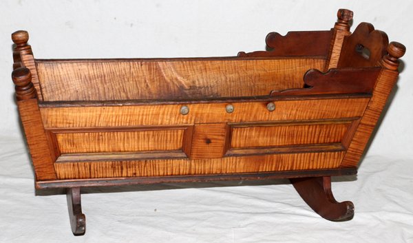 VINTAGE HAND CARVED MAPLE, BABY CRADLE, H 21": VINTAGE HAND CARVED MAPLE, BABY CRADLE, H 21", L 41", D 24":