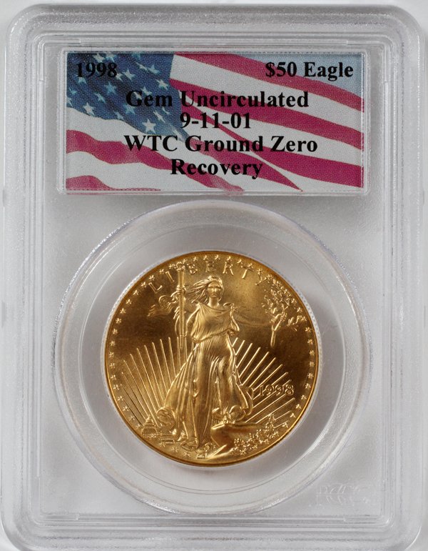 U.S $50 GOLD COIN GEM UNCIR EAGLE & EAGLET 1998: U.S $50.DOLLAR GOLD COIN GEM UNCIR 9-11-01 WTC GR ZERO RECOV,WALKING LIB EAGLE & EAGLET 1998 1 OZ, 1: United States $50.Dollar, 1 oz. Fine Gold Coin, Uncirculated Mirror Like, Walking Liberty, - - Fly