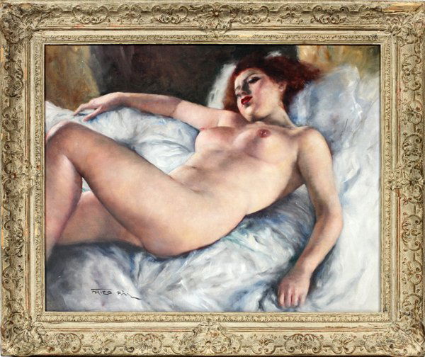 PAL FRIED OIL ON CANVAS RECLINING NUDE FEMALE: PAL FRIED (HUNG. / AMER. 1893-1976), OIL ON CANVAS RECLINING NUDE FEMALE 23" X 29":depicts a reclining female nude, signed lower left "Fried Pal"; gilt wood and gesso frame. Copyright ink stamp on ver