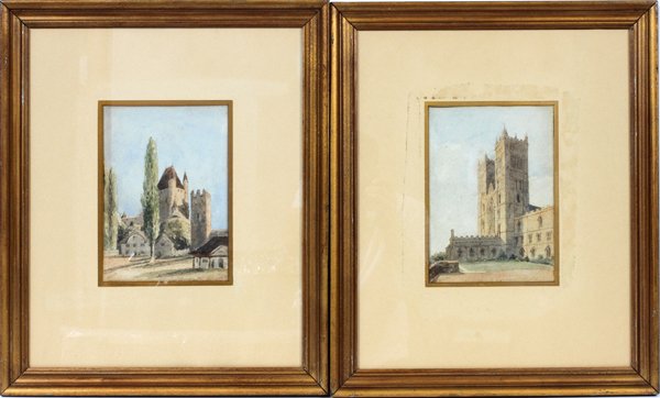 THOMAS GIRTIN WATERCOLORS, CATHEDRAL SCENES: SIGNED "T. GIRTIN", WATERCOLORS, PAIR, H 9", W 7", CASTLE/CATHEDRAL SCENES: Exterior building scenes, framed and matted under glass, gilt wood frames; signed lower left, "T. Girtin".