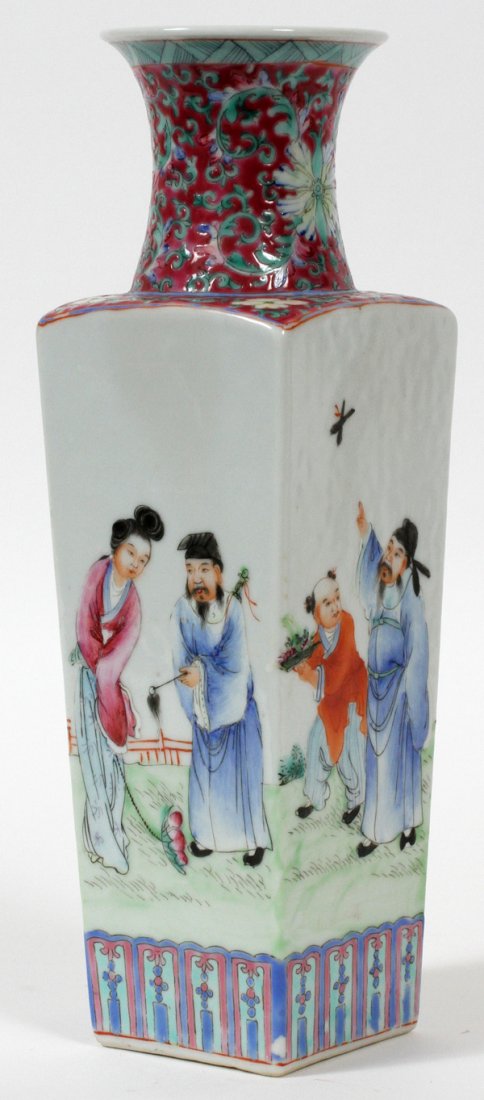 CHINESE PORCELAIN VASE, H 10": CHINESE PORCELAIN VASE, H 10":Square shape with tapering sides, each side uniquely painted with two figures in shades of berry, yellow, green, blue, mauve, salmon and black, stamped "China" in red at 