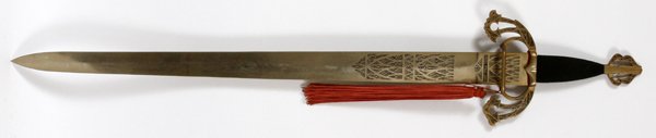 SPANISH REPRODUCTION 'TWO HAND SWORD OF EL CID': SPANISH REPRODUCTION, 'TWO HAND SWORD OF EL CID', LATE 20TH C, L 34" BLADE:sword having wrapped woven handle; scroll work on 34" double edge blade, "Toledo Spain" and "Mandoble del Cid" (two hand swor