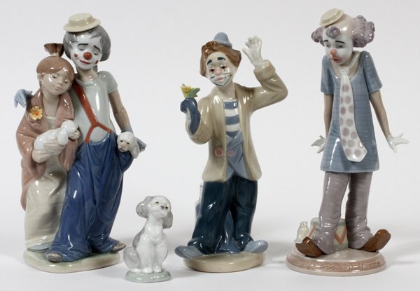 LLADRO AND PETER STRANG CLOWN FIGURINES, 4 PCS: LLADRO AND PETER STRANG CLOWN FIGURINES, 4 PCS:Three Lladro figurines: "Circus Days" H. 9", "Pals Forever", H. 9"x3", with dog, 2" H. plus one Strang clown figurine: H. 8".