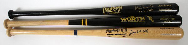 DETROIT TIGERS AUTOGRAPHED BASEBALL BATS, 3 PCS: DETROIT TIGERS, AUTOGRAPHED BASEBALL BATS, TRAMMELL, WHITAKER + EVANS, 3 PCS.: includes: one Alan Trammell autographed black Rawlings "Big Stick", "Alan Trammell 84 WSMVP", signed in gold Sharpie; Lou