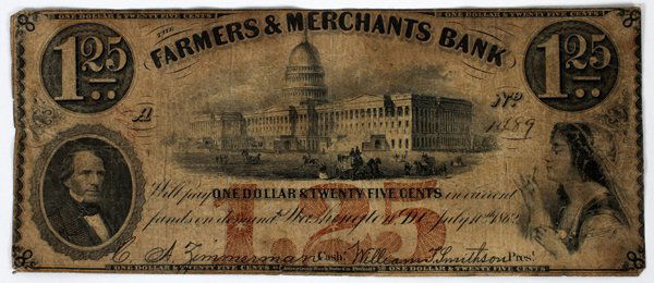 FARMERS/MERCHANTS $1.25 CANCELED BANK CHECK: FARMERS/MERCHANTS $1.25C CANCELED BANK CHECK, #1489 OF 1862, SIGNED A. ZIMMERMAN & WM. SMITHSON:Fair Condition