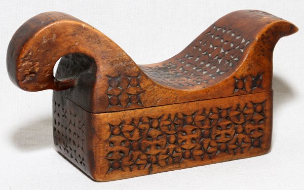 ASIAN, CARVED WOOD AND BIRD FORM OPIUM BOX: ASIAN, CARVED WOOD AND BIRD FORM OPIUM BOX, H 2 3/4", L 5 1/2", D 2":Having a sliding top which reveals interior compartment.
