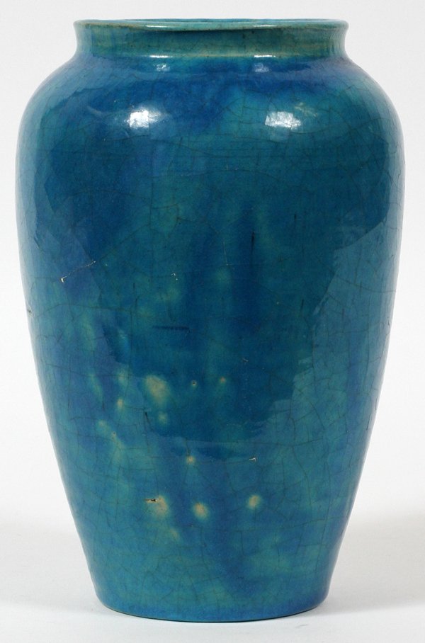PEWABIC POTTERY VASE, C. 1910, H 7 1/2": PEWABIC POTTERY VASE, C. 1910, H 7 1/2":Blue glaze with iridescent highlights. Impressed Pewabic mark. Hand turned.