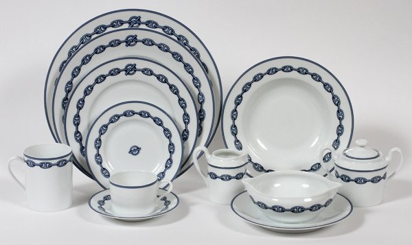 HERMES 'CHAINE D'ANCRE-BLUE' PORCELAIN DINNER: HERMES 'CHAINE D'ANCRE-BLUE' PORCELAIN DINNER SET, 81 PIECES: Including 12 service plates, Dia.11 3/4", 11 dinner plates, Dia.10 3/4", 10 salad plates, Dia.8 3/4", 13 rimmed soup bowls, 8 bread-and-bu