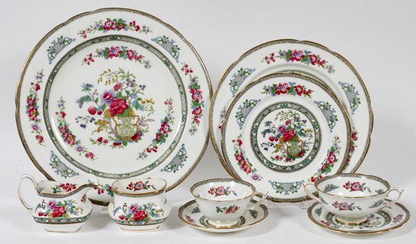 PARAGON 'TREE OF KASHMIR' PORCELAIN DINNER, 59: PARAGON 'TREE OF KASHMIR' PORCELAIN DINNER SET 59 PIECES (SERVICE FOR EIGHT): Service for eight: 8 dinner plates @ 10.5", 8 salad plates @ 8 1/4", 8 bread plates @ 6 1/4", 8 Cream soup cups, 8 cream s