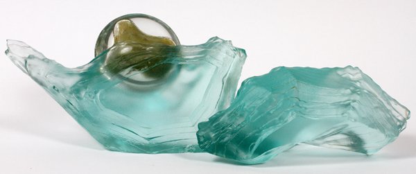 MARIA LUGOSSY GLASS & MERCURY SCULPTURE, AS IS: MARIA LUGOSSY (20TH C.), COLORED GLASS & MERCURY SCULPTURE IN TWO PIECES, AS IS, H 7": Pate de verre type glass formed as a mountain scape, measuring approximately H.7" x 11 3/4" x 3" and H.4" x 10" x