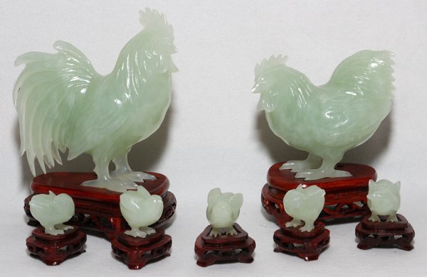 CHINESE CARVED SERPENTINE ROOSTER, HEN & CHICKS: CHINESE CARVED SERPENTINE ROOSTER, HEN & CHICKS, SET OF SEVEN PIECES, H 1"-4 1/2":Each carved figure on a fitted wood base. Mid 20th century.