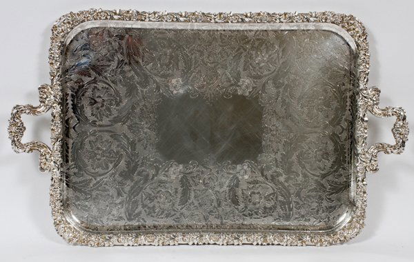 ELLIS-BARKER SILVER CO. SILVERPLATE TRAY 20TH C: ELLIS-BARKER SILVER CO. SILVERPLATE TRAY, BIRMINGHAM, EARLY 20TH C., L 27":Hand-chased well with flowers and acanthus leaves, coordinating motif along the rim and handles, stamped menorah mark and "En