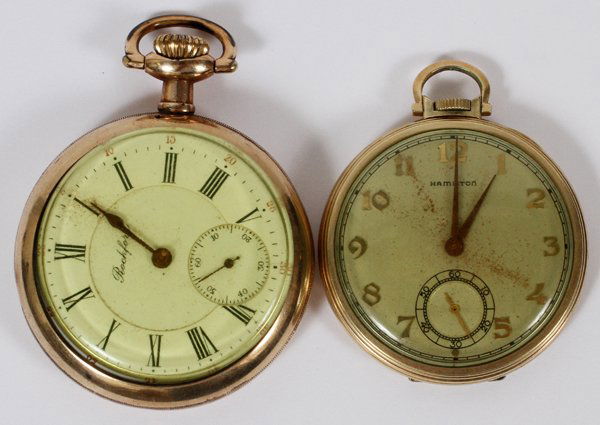 HAMILTON & ROCKFORD GOLD FILLED POCKET WATCHES: HAMILTON & ROCKFORD GOLD FILLED POCKET WATCHES, TWO:Hamilton #1260307. Plus Gold filled Rockford pocket watch with open face. Two watches circa 1900.