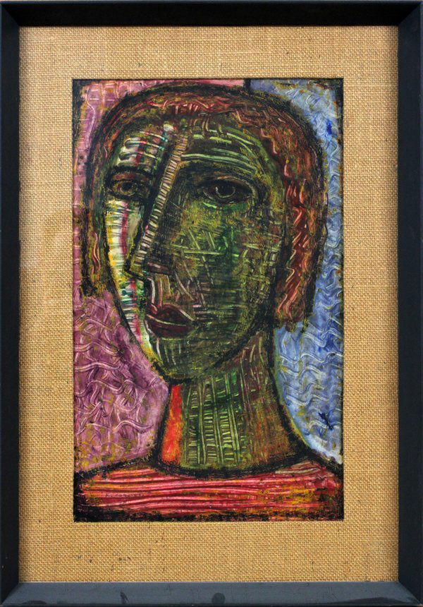 RAFAEL CORONEL ENCAUSTIC 1955 19" X 11 1/2" FACE: RAFAEL CORONEL (MEXICAN, 1932-), ENCAUSTIC, 1955, FACE, 19'' X 11 1/2'':Signed and dated lower left; framed. Jessie W. Forsythe, Ann Arbor, MI label #1326 on verso. Art Den Redondo Beach, CA #1711 sta