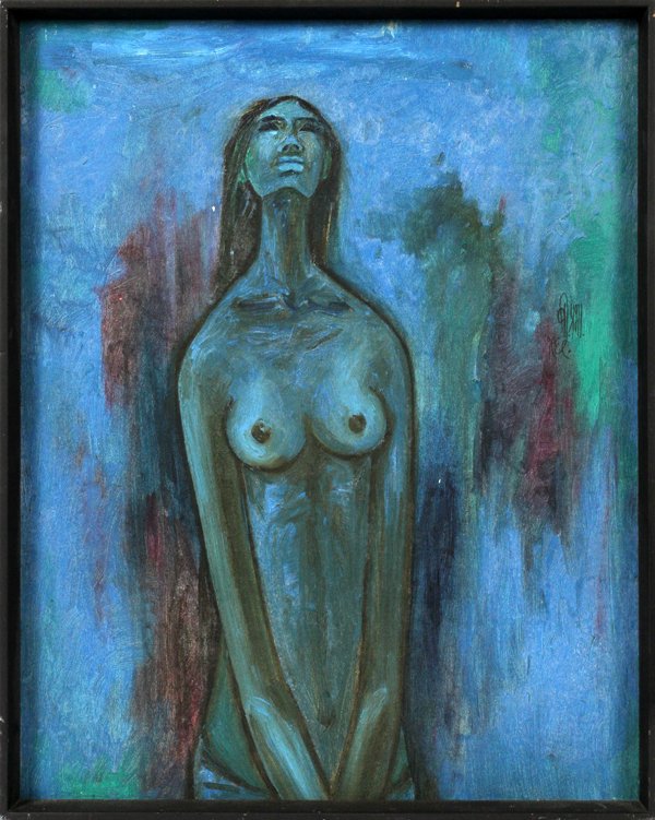 B. PRABHA (INDIAN 1933-2001), OIL ON BOARD: B. PRABHA (INDIAN 1933-2001), OIL ON BOARD, 29" X 23 1/2":Nude female. Framed and signed mid right.