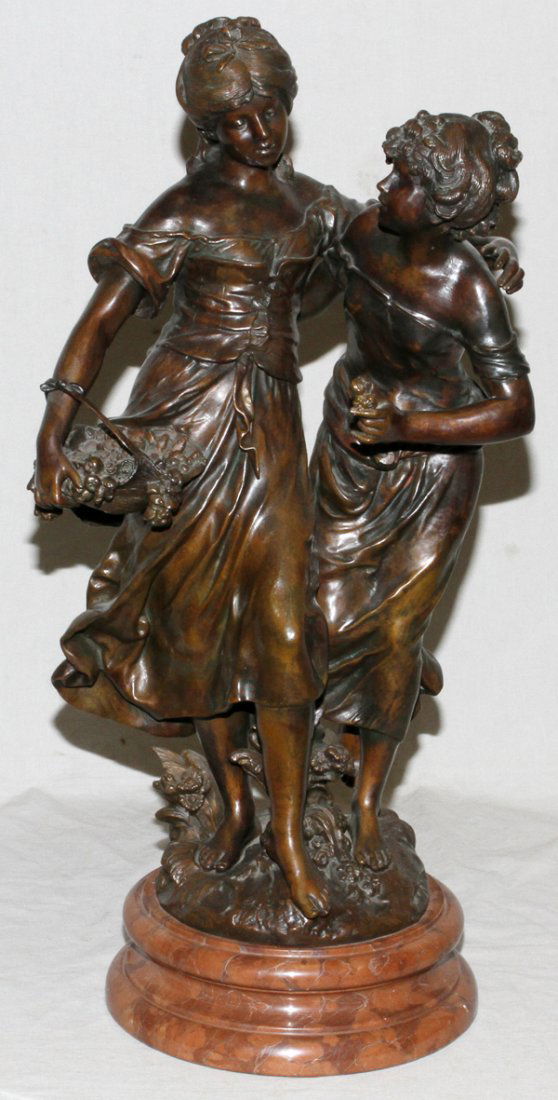 AFTER AUGUSTE MOREAU, BRONZE SCULPTURE "AMATIE": AFTER AUGUSTE MOREAU, BRONZE SCULPTURE, "AMATIE" H 27":Signed, raised on a circular marble base, H.4". Total height 31". Two young girls with basket of flowers