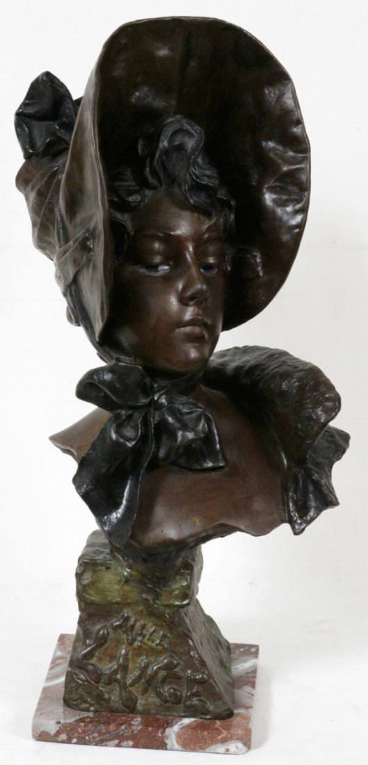 EMMANUEL VILLANIS BRONZE BUST, H 23", "AILEE": EMMANUEL VILLANIS (FRENCH, 1858-1914), BRONZE BUST, H 23", "AILEE":Signed. Mounted on marble base. From the collection of Charles Sreenan, of Grosse Pointe Park, secretary of Chamber of Commerce circa