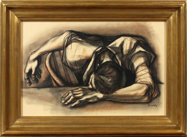 FRANCES DE ERDELY CHARCOAL DRAWING, H 18" W 16": FRANCES DE ERDELY (HUN 1904-1959), CHARCOAL DRAWING, H 18" W 16":Depicting a man seated in a chair with his head resting on a table. Signed lower right and framed under glass in a gilt wood frame..