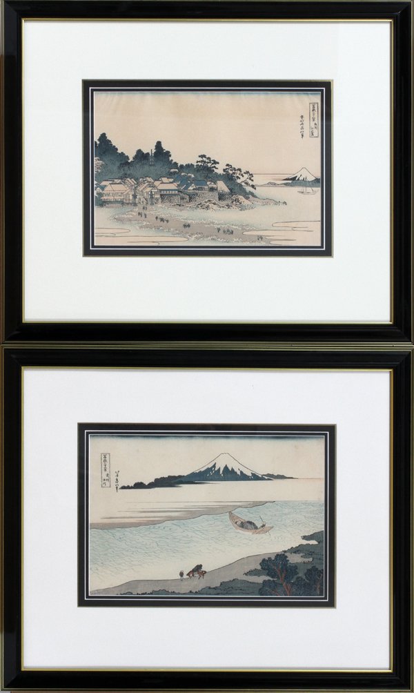 HOKUSAI UKIYO-E WOODBLOCK PRINTS, VIEWS OF FUJI: HOKUSAI, UKIYO-E WOODBLOCK PRINTS, PAIR, FROM "36 VIEWS OF FUJI", 10'' X 14'',:Matted and framed. Date that these 2 prints were pulled is unknown.