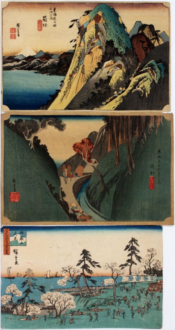 JAPANESE UKIYO-E WOODBLOCK PRINTS, LANDSCAPES: JAPANESE UKIYO-E COLOR WOODBLOCK PRINTS, LANDSCAPES, THREE, 8 1/2" X 13":Appears more likely to be by Hiroshige II or Hiroshige III.