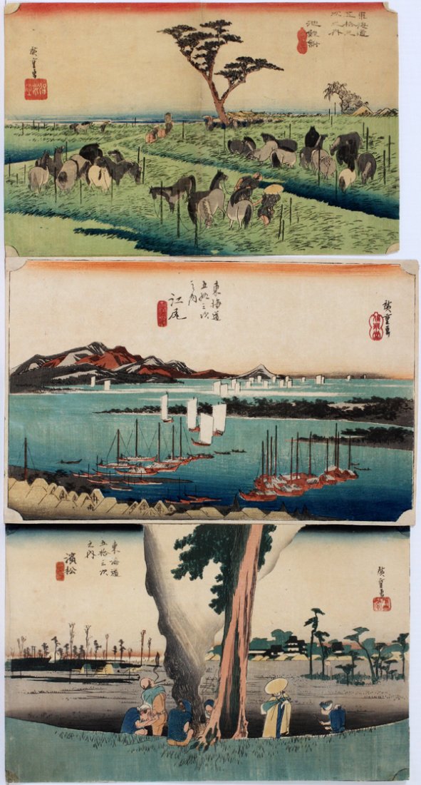 JAPANESE UKIYO-E WOODBLOCK PRINTS, LANDSCAPES: JAPANESE UKIYO-E COLOR WOODBLOCK PRINTS, HORSES, BOATS AND MEN IN LANDSCAPES, THREE, 9" X 14":Appears more likely to be by Hiroshige II or Hiroshige III.