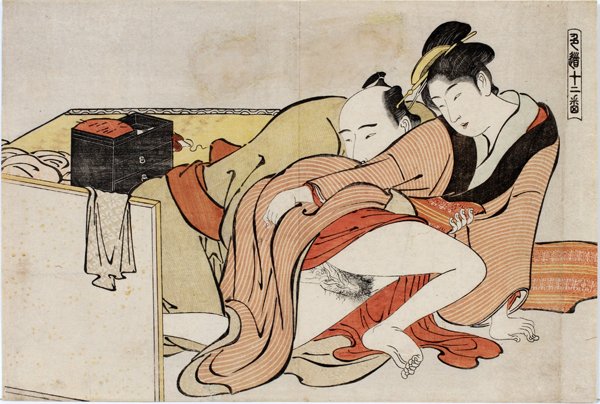 SHUNGA EROTIC WOODBLOCK PRINT, COUPLE 10" X 15": SHUNGA EROTIC WOODBLOCK PRINT, COUPLE, 10" X 15":19th century.