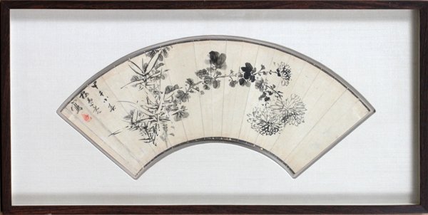 ASIAN WATERCOLOR, FLORAL FAN SHAPED, H 7 1/2": ASIAN WATERCOLOR, FLORAL FAN SHAPED, H 7 1/2'', L 17 1/2'':Shadow box frame. Signed upper left.