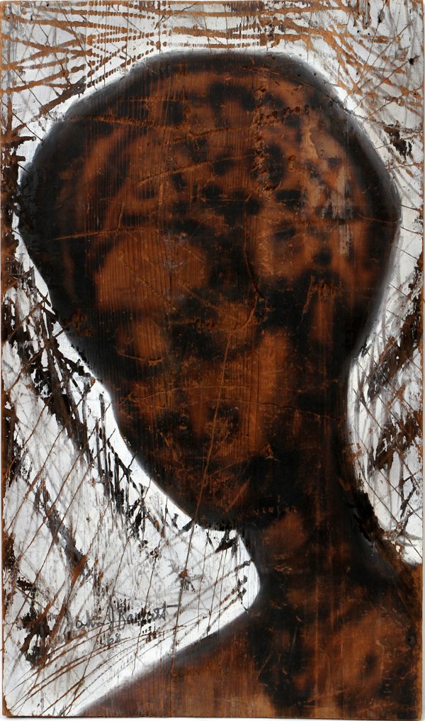 JOHN BARRETT PORTRAIT OF A BLACK WOMAN, 1968: JOHN BARRETT, PORTRAIT OF A BLACK WOMAN ON WOOD PLANK, 1968 30" X 17":Signed on front and reverse.
