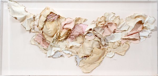 CONTEMPORARY MIXED MEDIA WALL SCULPTURE, SIGNED: CONTEMPORARY MIXED MEDIA WALL SCULPTURE, SIGNED, 24" X 48", IN A LUCITE SHADOW BOX FRAME:Signed "Judith Segall-Croudo" (see additional photo).